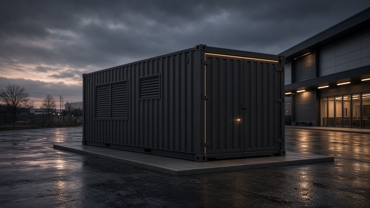 Concept of a dark 20-foot container on a concrete pad beside an industrial building at dusk. Not a photo of a built site.