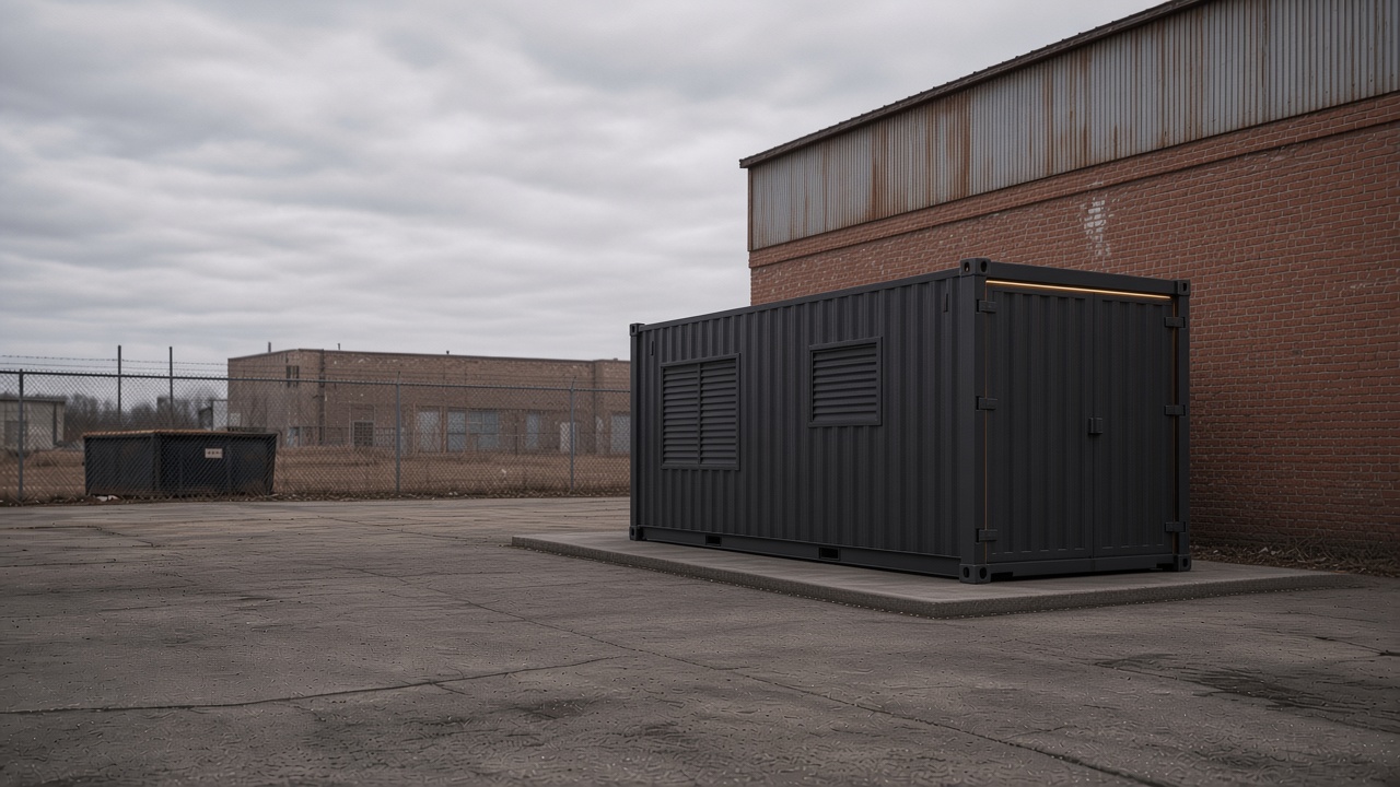 Concept of the same container on a pad beside an older brick industrial building. Not a photo of a built site.