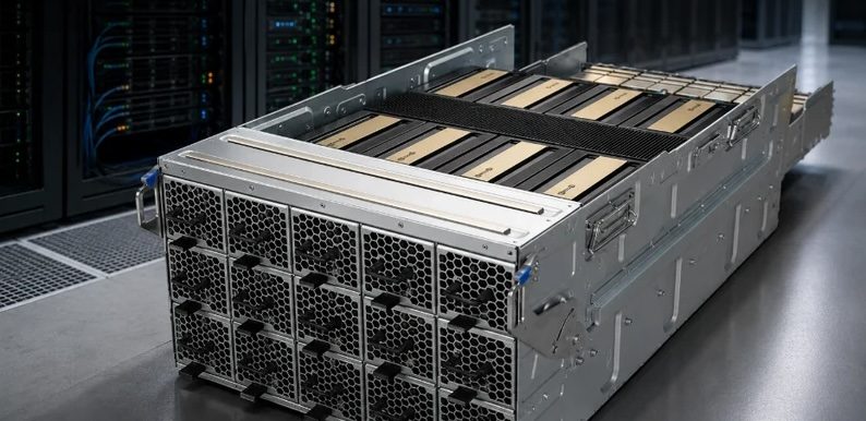 Air-cooled NVIDIA HGX B300 8-GPU server chassis in a datacenter aisle, front fan wall visible