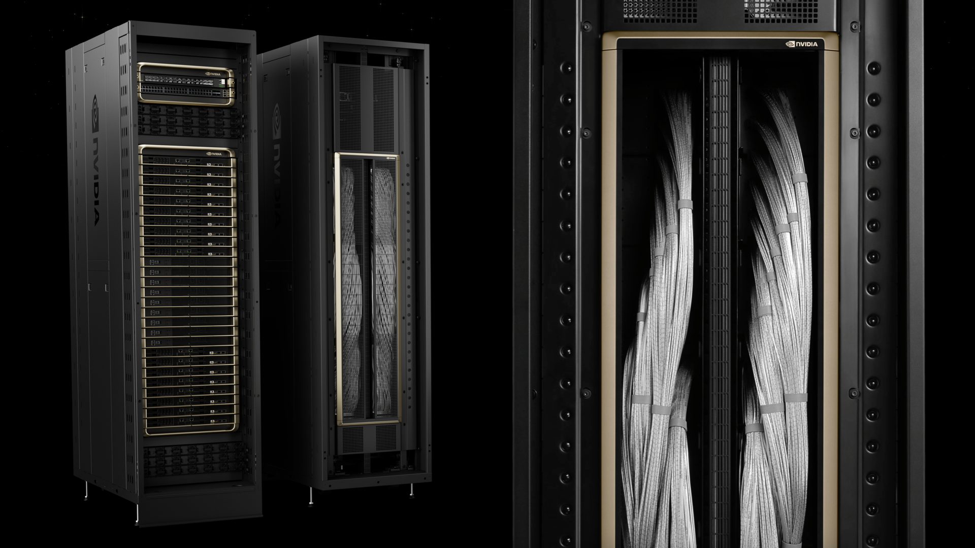 NVIDIA GB300 NVL72 rack, front view beside a view of the cable side.